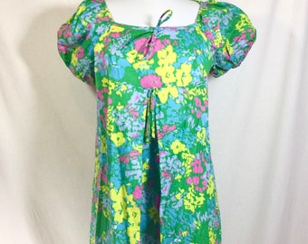 1960s Groovy Floral Puff Sleeve Baby Doll Mini Dress size XS/S