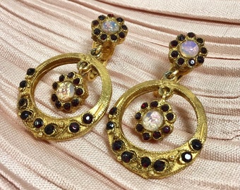 1960s Opal Rhinestone Signed Dangly Flower Hoop Clip-On Earrings