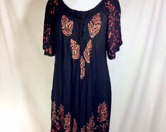 1990s Breezy Lace-Up Embroidered Hippy Dress with Fluttery Sleeves-Free Size