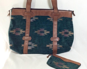 Vtg 2-Piece Set Southwestern Woven Wool and Leather Large Tote Purse and Matching Change Pouch