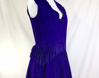1970s 2pc Suede Fringed and Beaded Vest and Skirt Set size S