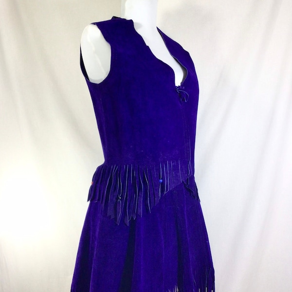 1970s 2pc Suede Fringed and Beaded Vest and Skirt Set size S