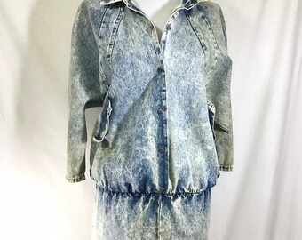 1980s Acid Wash Denim Collared Jumper Dress size S