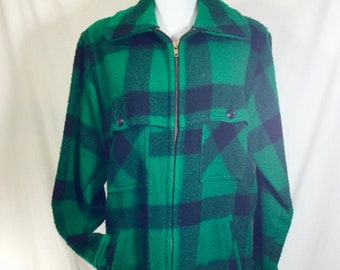 Vtg Johnson Wool Green and Black Buffalo Plaid Zip Jacket with POCKETS size M