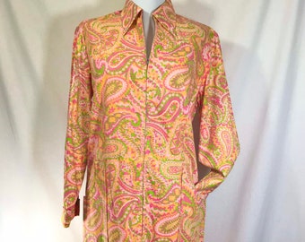 1960s Groovy Paisley Long Sleeved Zip Shift Dress with Pockets size S/M