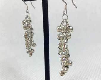 Vtg Sterling Silver 925 Caviar Cluster Dangle Loop-Back Earrings