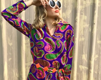 1970s Psychedelic Paisley Tunic with Large Lapels by Montgomery Ward size M/L