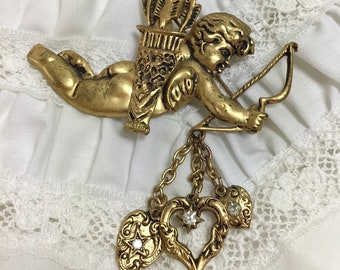 Vtg Antique Gold Cupid Brooch with Rhinestone Heart Charms