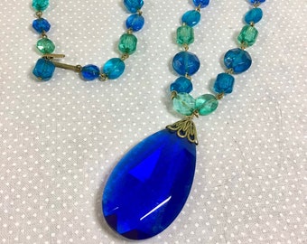 1960s German Crystal Beaded Royal Blue Pendant Necklace