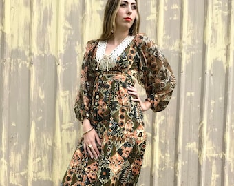 1970s Fall Flora Boho Maxi Dress with Lace-up Neckline and Sheer Bishop Sleeves size XS