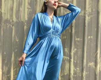 1970s Shimmery Blue Pleated Batwing Goddess Gown size M