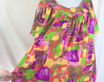 1970s Abstract Colorful Print Kaftan Maxi Dress with POCKETS size L/XL