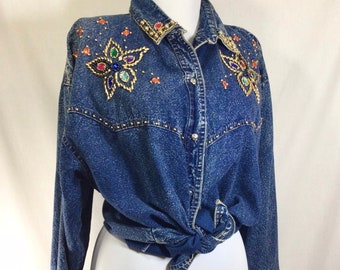 80s/90s Jeweled Acid Wash Denim Western Button Down Shirt size M/L