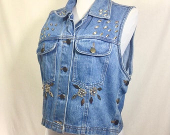 1980s Jeweled Medium Wash Denim Vest with Chest Pockets size M