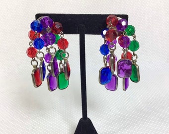 1980s Jewel Tone Dangly Cluster Earrings