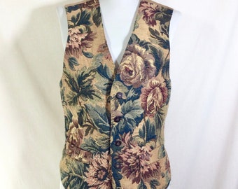 Vtg Floral Tapestry Vest with Copper Satin Lining and Adjustable Tie Back size S/M