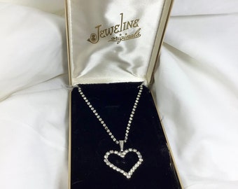 1950s Rhinestone 16” Necklace with Heart Pendant in Original Box