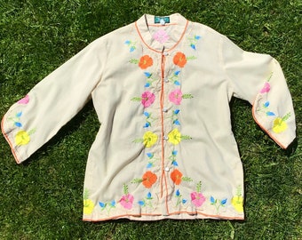 1970s Embroidered Cotton Mandarin Collar Button Up Blouse size L/XL