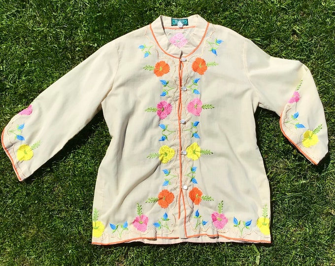 Featured listing image: 1970s Embroidered Cotton Mandarin Collar Button Up Blouse size L/XL
