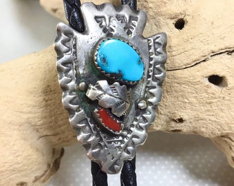 Vintage Arrowhead Native American Handcrafted Sterling Turquoise and Coral 36” Leather Bolo Tie