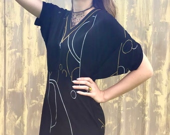 RARE 1970s Hilary Floyd Bias Cut Deco Painted Batwing Dress size S/M