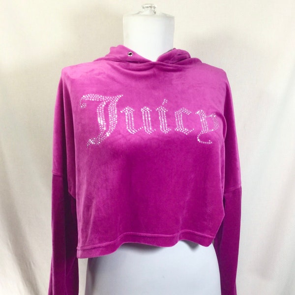 Y2K Juicy Couture Cropped Rhinestone Magenta Hoodie with Slouchy Silhouette size L/XL