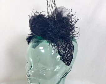 True 1920s Steel Cut Rhinestone and Ostrich Feather Fascinator Headband