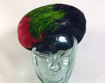 1960s Union Made Festive Feather Velour Pillbox Beret