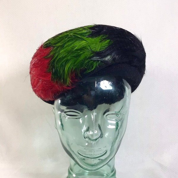 1960s Union Made Festive Feather Velour Pillbox Beret