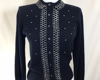 1950s Rhinestone and Metallic Velvet Ribbon Black Cardigan size XS/S