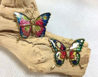 1970s Set of 2 Sparkly Enamel Brass Butterfly Pins