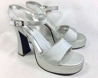 1990s Silver Satin Platform Sandals with Adjustable Ankle Strap size 8.5