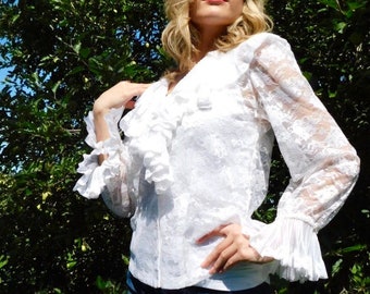 70s Sheer Lace Ruffle Pearl Button Blouse with Pleated Collar and Sleeves size S/M