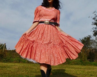 1970s Handmade Daisy Gingham Country Cowgirl Ruffle Swing Dress size M