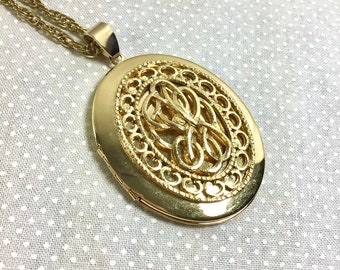 1960s Large Locket with Art Nouveau Designs on 17” Chain