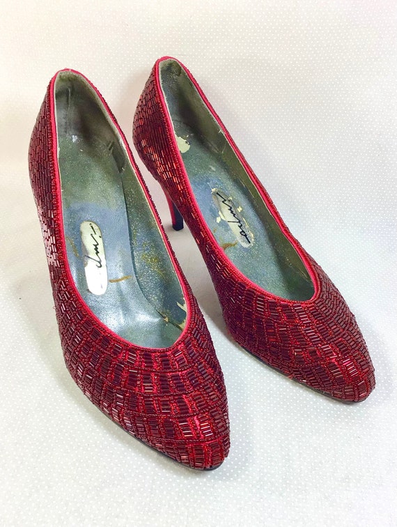 1980s Ruby Slipper Red Beaded Satin Pumps size 7 Gem
