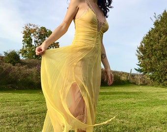 1960s Canary Yellow Sequin Beaded Silk Chiffon Sheer Dress size S