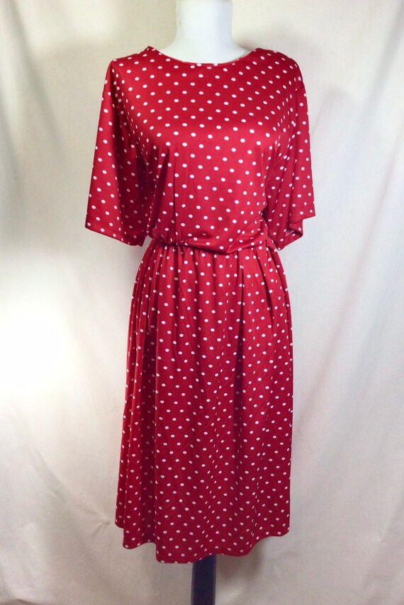 1990s Red Polka Dot Short Sleeve Stretch Dress wi… - image 2