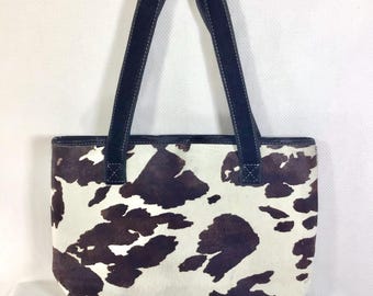 Y2K Cow Print Horse Hair Leather Tote Purse with Black Velvet Straps