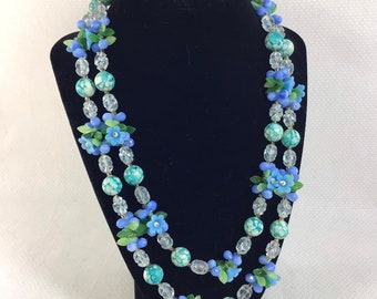 1950s Blue Floral Cluster Beaded 2-Strand Necklace