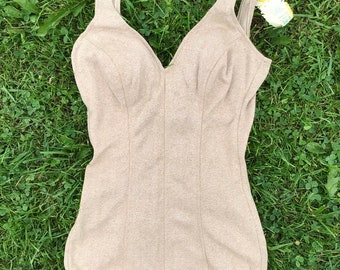 1970s New Old Stock Tan One-Piece Pinup Swimsuit with Soft Cups size M (Bcup)