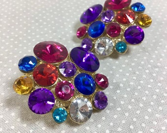 1980s/90s Colorful Rhinestone Clip-On Cluster Earrings