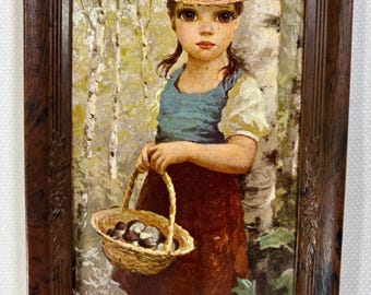 RARE 1960s Big Eye Mushroom Forager Girl Vertical Framed Lithograph 7.5” x 16.5”