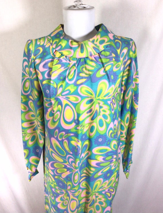 1960s Psychedelic Floral Print Long Sleeve Shift … - image 5