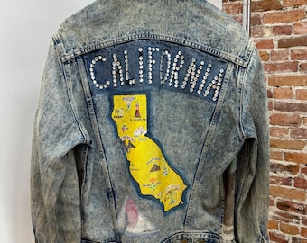 1990s Hand Painted and Blinged Out “CALIFORNIA” Cactus Denim Jacket/ size Men’s S or Women’s L
