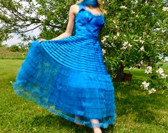 1950s Royal Blue Striped Tulle Sweetheart Scoop Cupcake Prom Dress with Attached Scarf size S