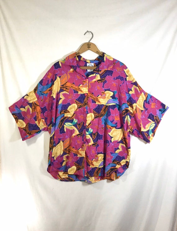 1980s Palm Beach Slouchy Tropical Short Sleeve Bu… - image 7