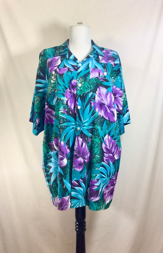 1980s Cotton Tropical Print Button Up Shirt size M - image 1