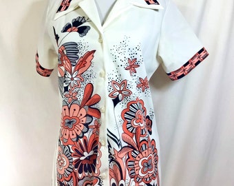 Early 1970s Peach Psychedelic Floral Block Print Button Up Blouse size M