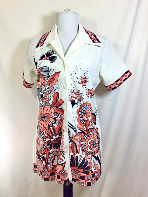 Early 1970s Peach Psychedelic Floral Block Print … - image 1